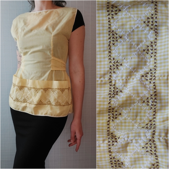 Vintage 70s Yellow White Brown Gingham Check Wrap Smock Apron Top w/ Pockets